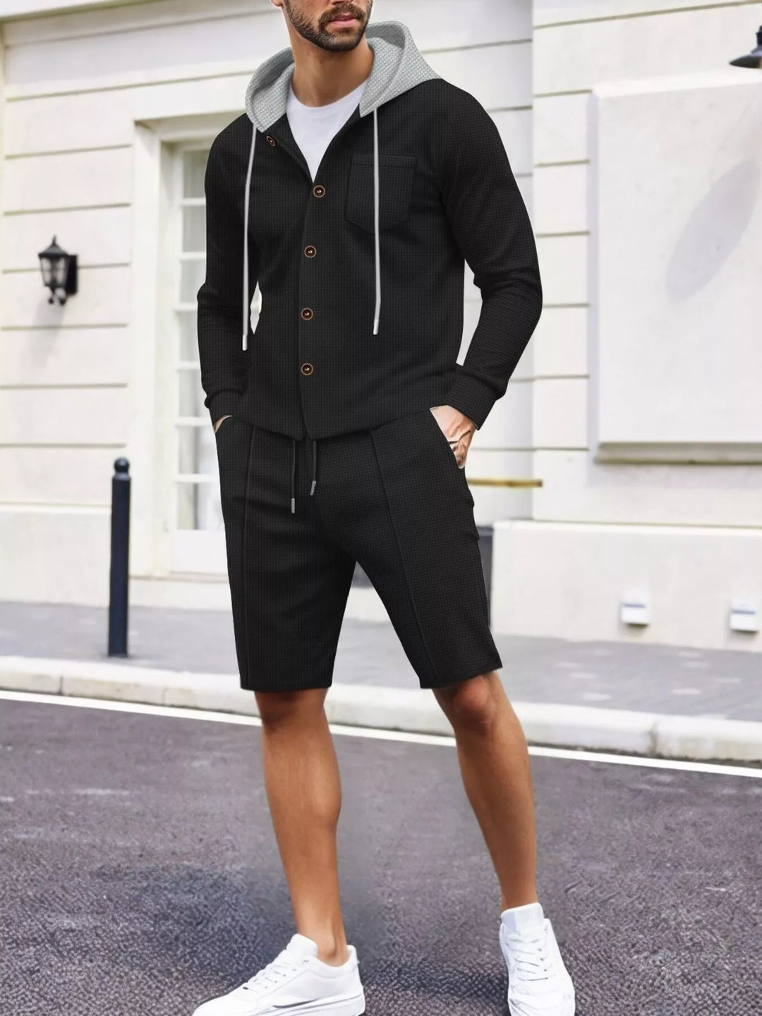 Men's Full Size Casual Hooded Button-Up Top and Shorts Set Plus Size