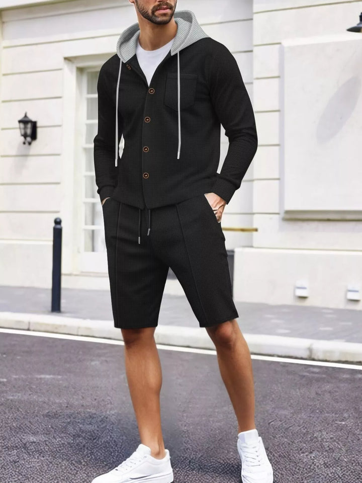 Men's Full Size Casual Hooded Button-Up Top and Shorts Set Plus Size