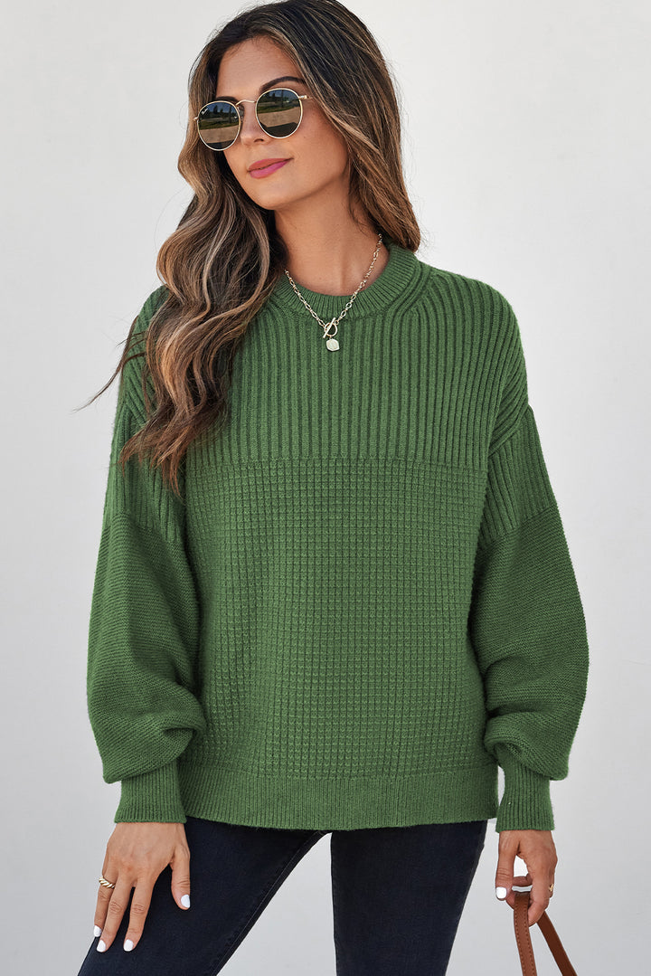 Vineyard Green Solid Color Mixed Textured Knitted Crew Neck Sweater