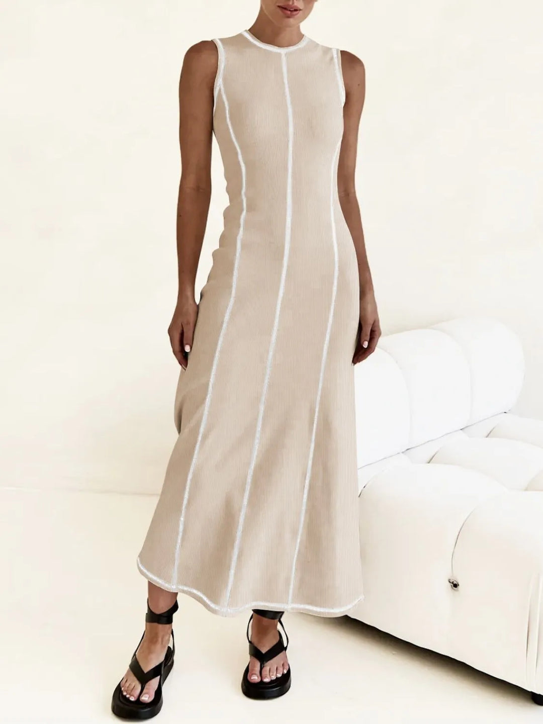 Contrast Stitching Round Neck Sleeveless Midi Dress