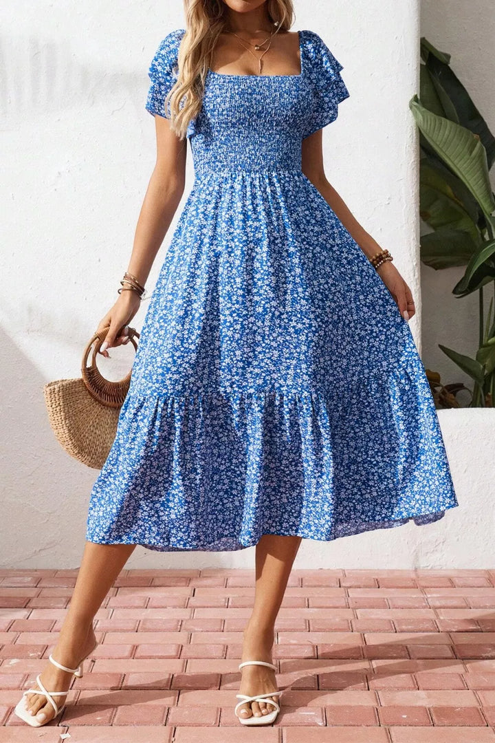Ditsy Floral Print Smocked Square Neck Ruffle Short Sleeve Dress