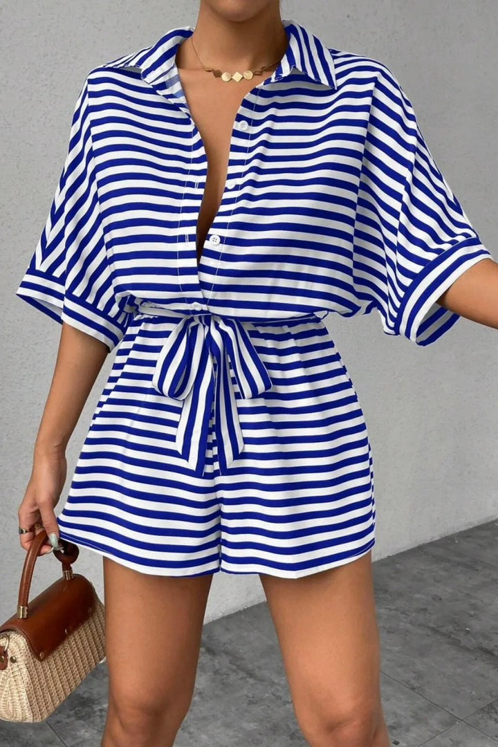 Striped Collared Neck Tie Waist Romper