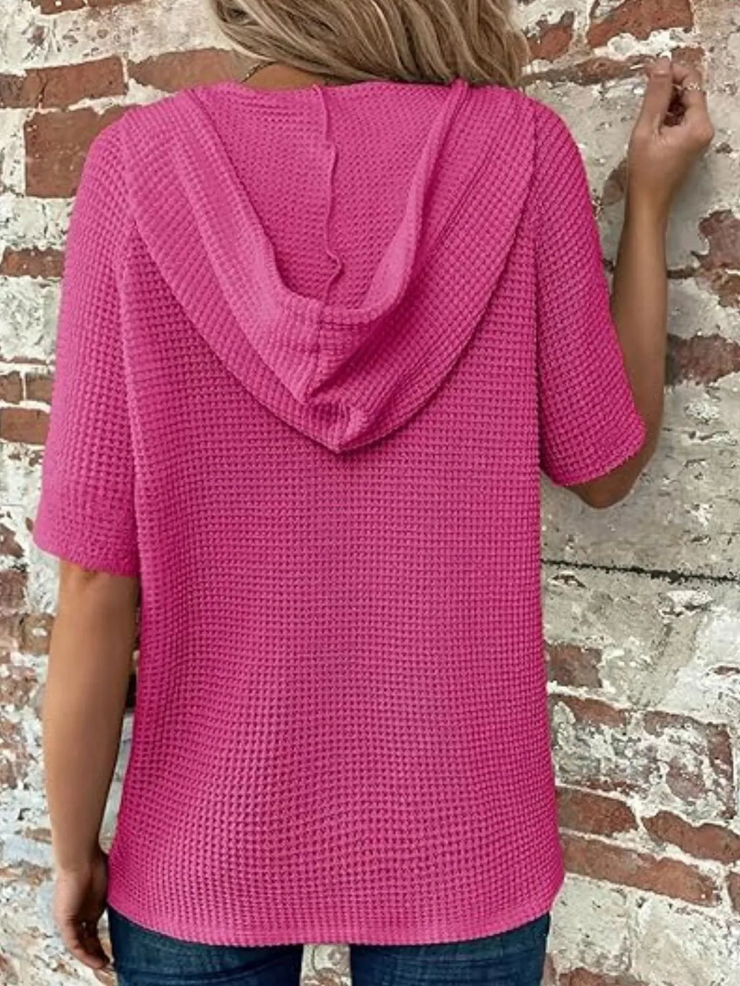 Drawstring Waffle-Knit Short Sleeve Hooded Top
