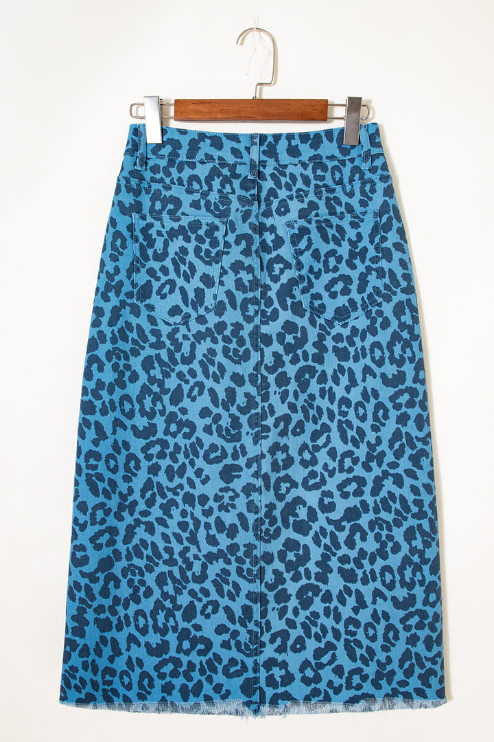 Sky Blue Leopard Denim Frayed Split Denim Midi Skirt
