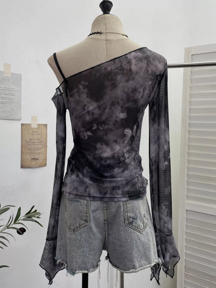 Asymmetrical Neck Denim Patchwork Top