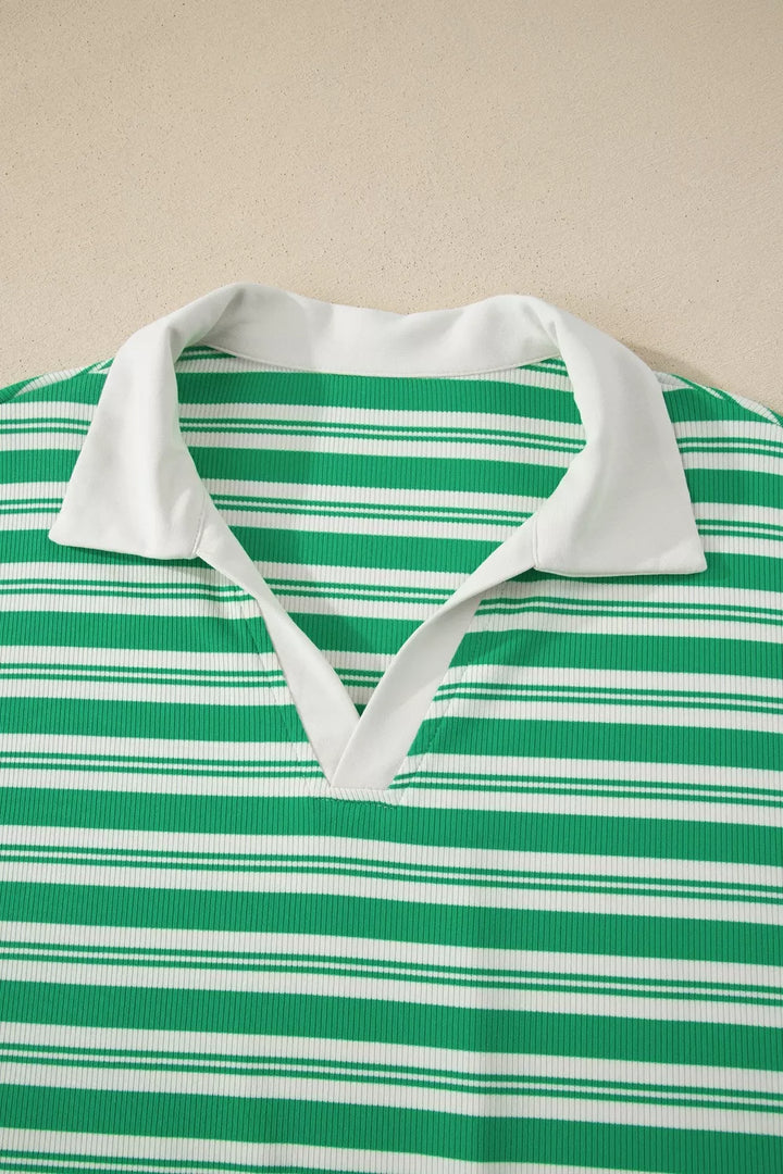 Stripe Collared V Neck Short Sleeve T Shirt Midi Dress with Pockets