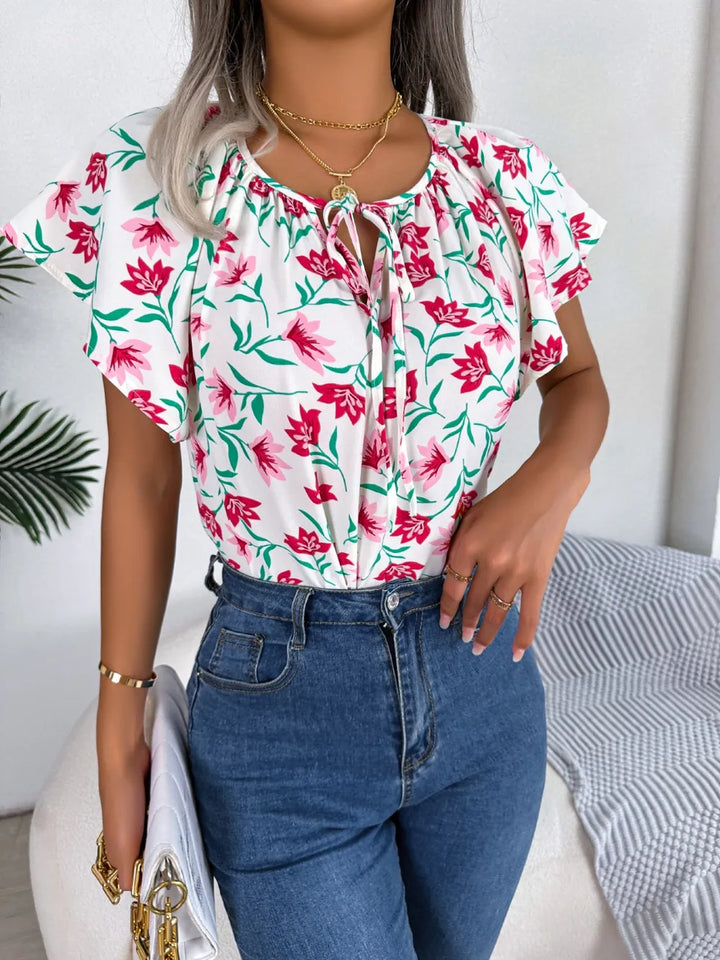 Floral Tie Neck Flutter Sleeve Blouse