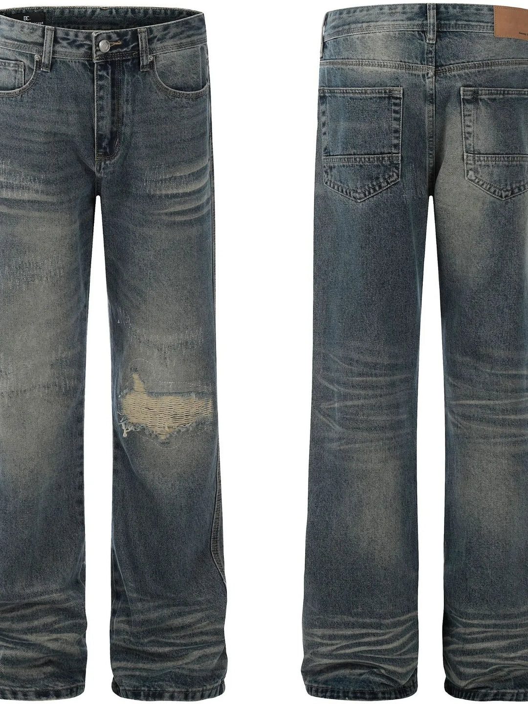 Men's Cat's whisker Washed Distressed Straight Jeans