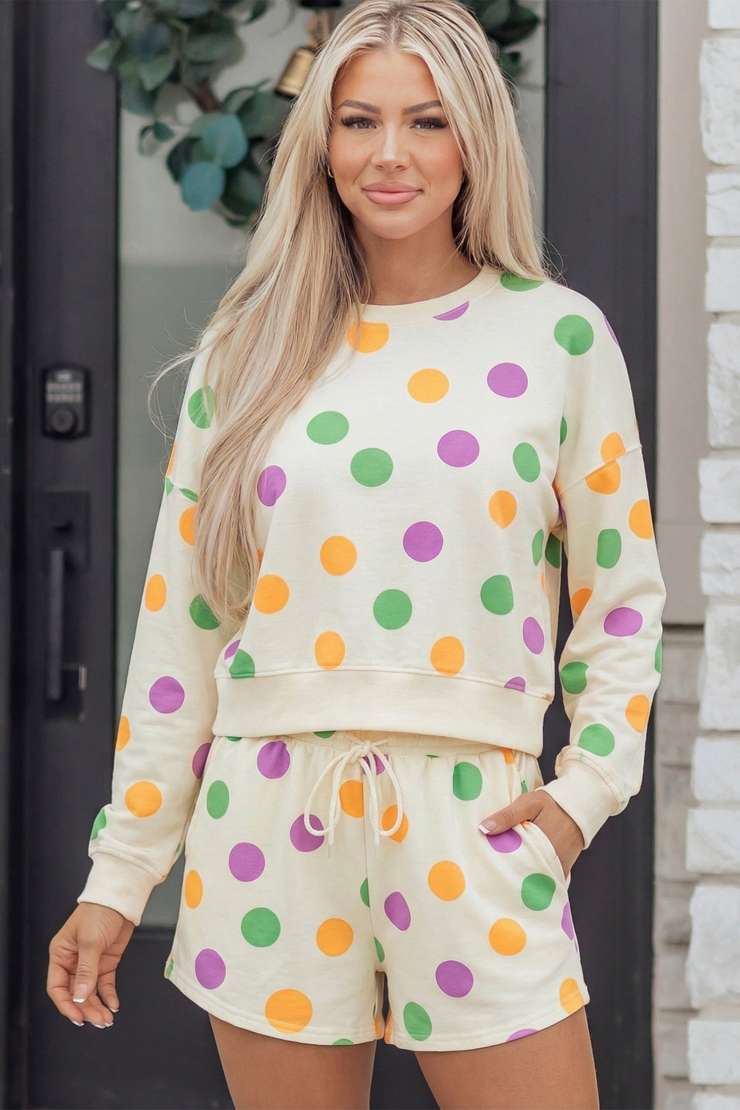 Multicolour Polka Dot Print Drop Shoulder Pullover Drawstring Shorts Set