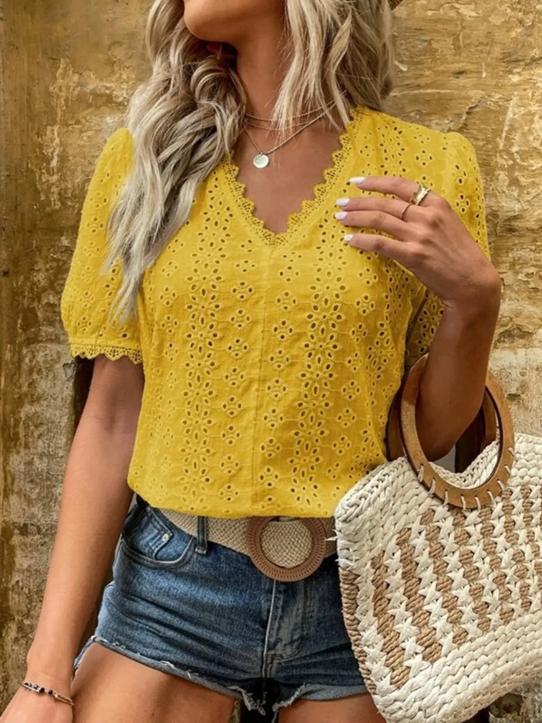 Full Size Lace Detail Eyelet V-Neck Short Sleeve Blouse Plus Size