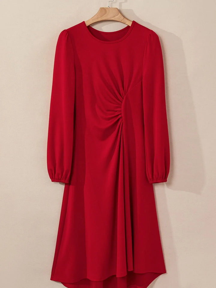 Solid Color Ruched Detail Long Sleeve Midi Dress