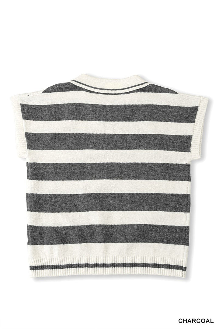 Zenana Striped Collared Short Sleeve Sweater