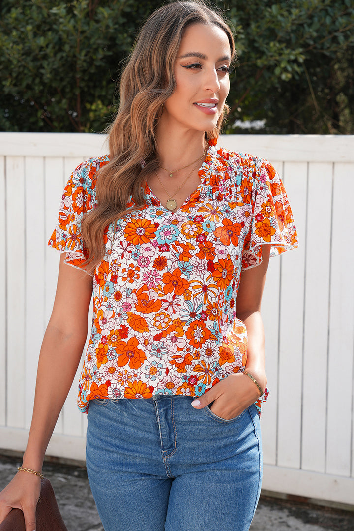 Orange Floral Print V Neck Pleated Ruffle Short Sleeve Blouse