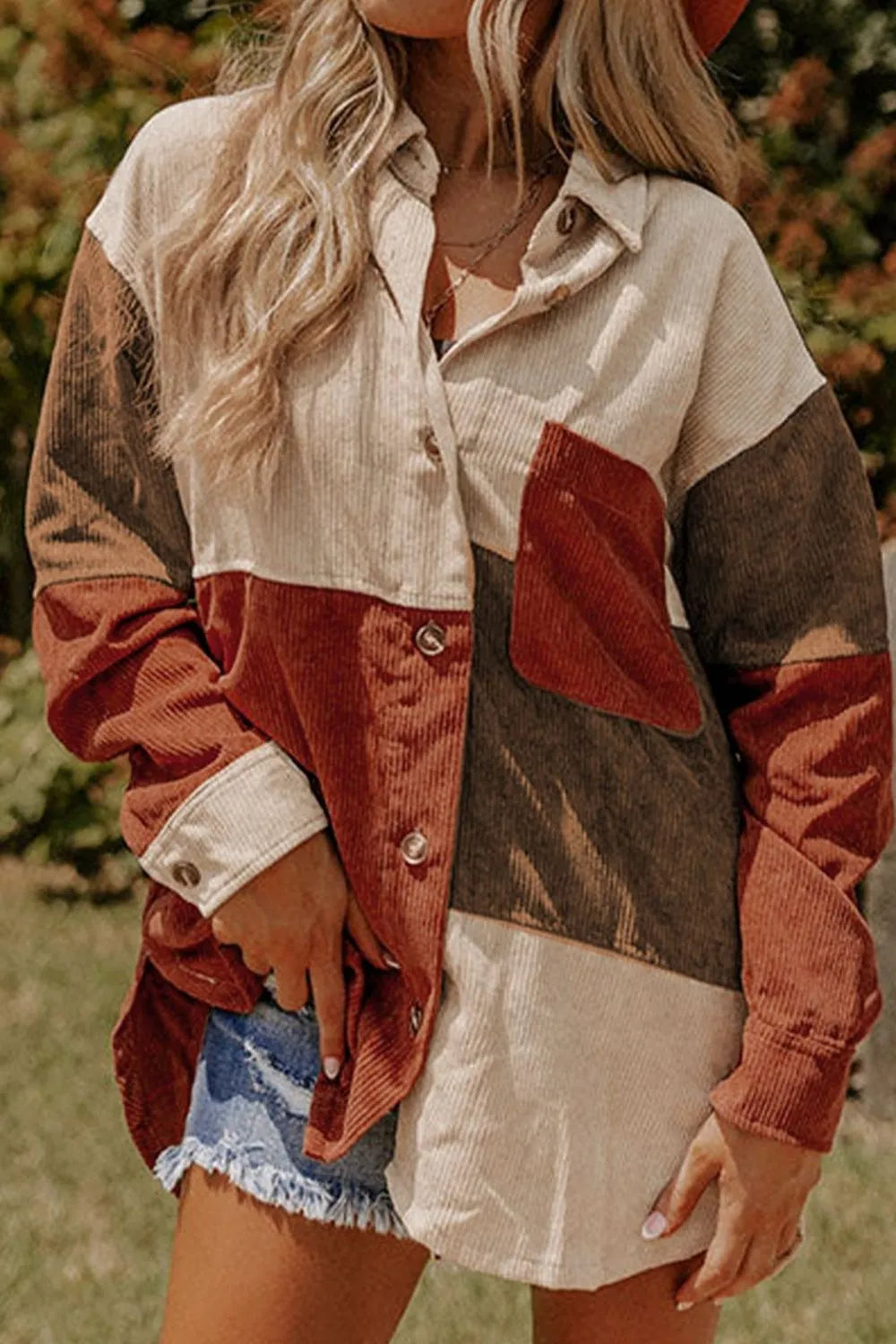 Color Block Curved Hem Corduroy Shacket with Pocket
