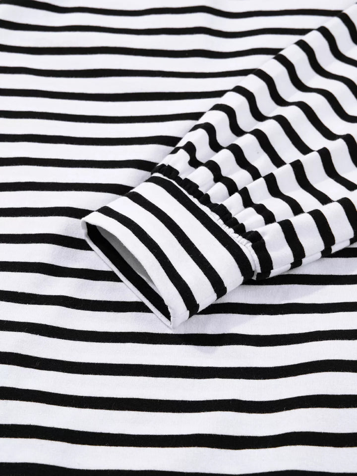 Stripe Buttoned Front Collared Long Sleeve T Shirt Dress with Pockets
