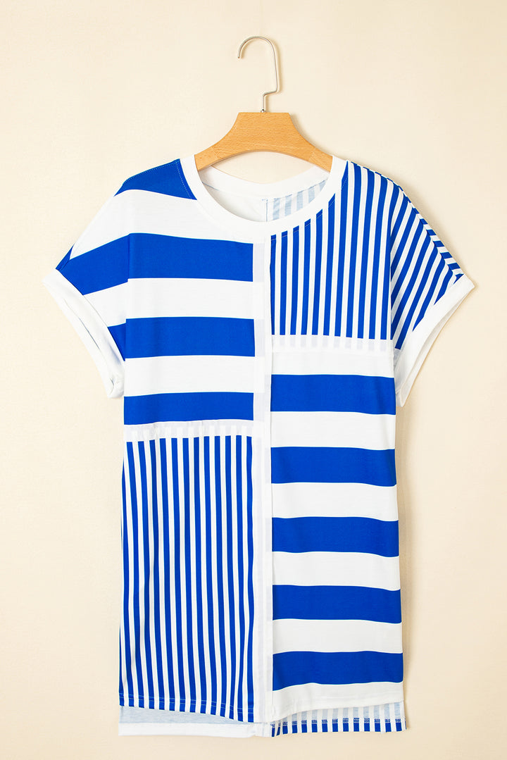 Blue Stripe Mixed Printed Short Sleeve Shift Mini T Shirt Dress