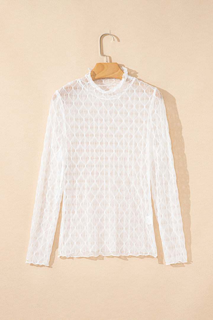 Beige Sheer Mesh Patterned Lettuce Trim Slim Long Sleeve Top