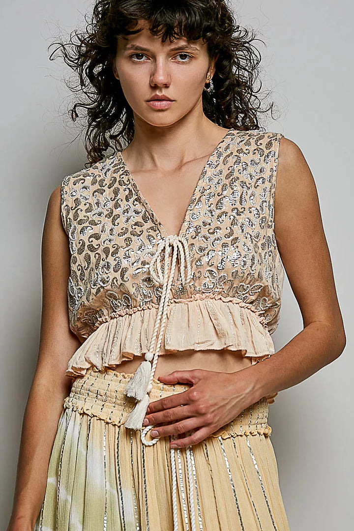 POL Shimmer Pattern Deep V Tie Front Tassel Ruffle Hem Sleeveless Crop Top
