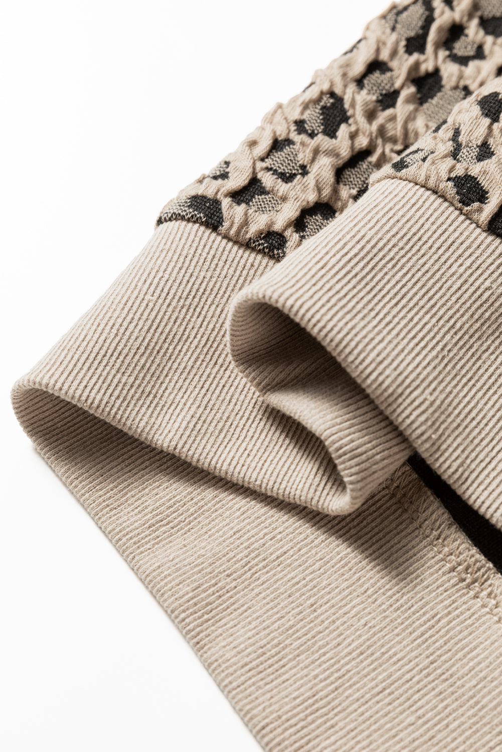 Khaki Ribbed Trim Leopard Print Long Sleeve Top
