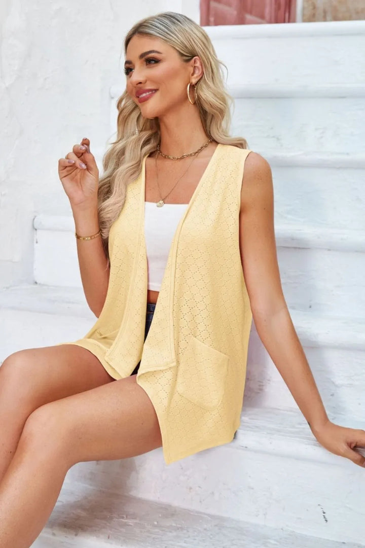 Eyelet Open Front Sleeveless Cardigan