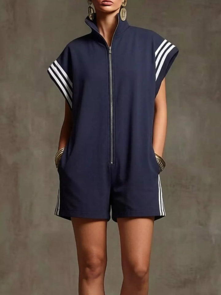 Striped Zip Front Short Sleeve Romper