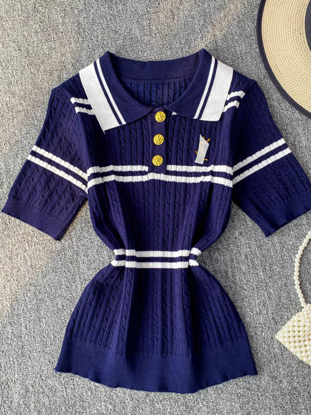 Striped Knit Polo Collar Top