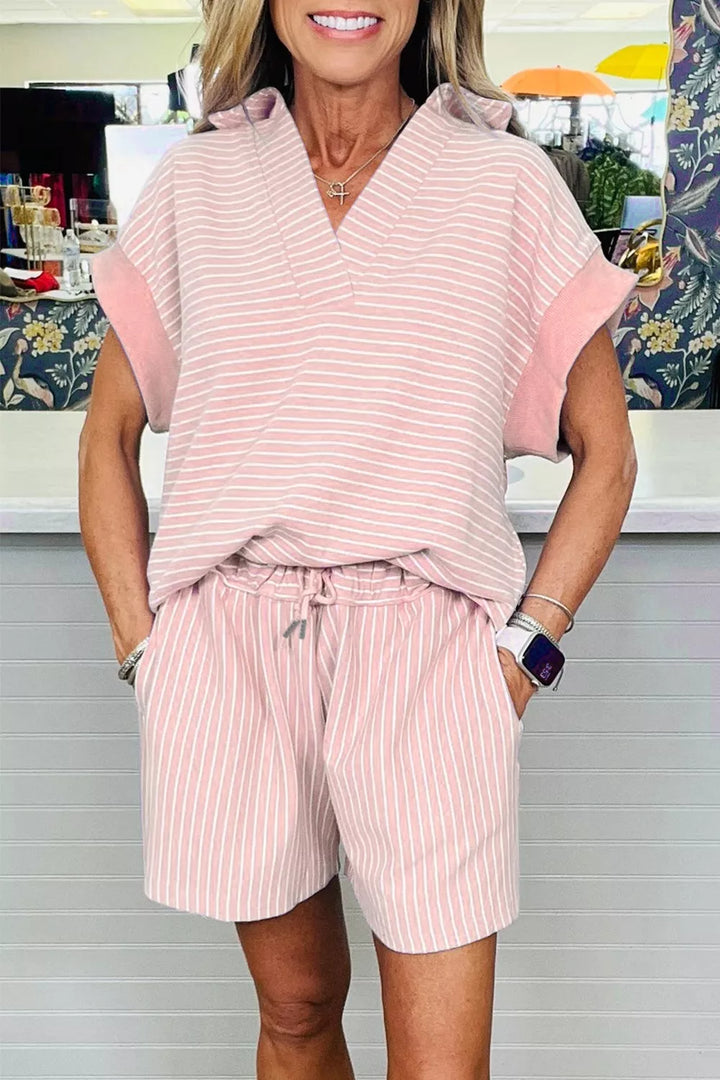 Stripe Dolman Sleeve Polo Shirt and Drawstring Shorts Set