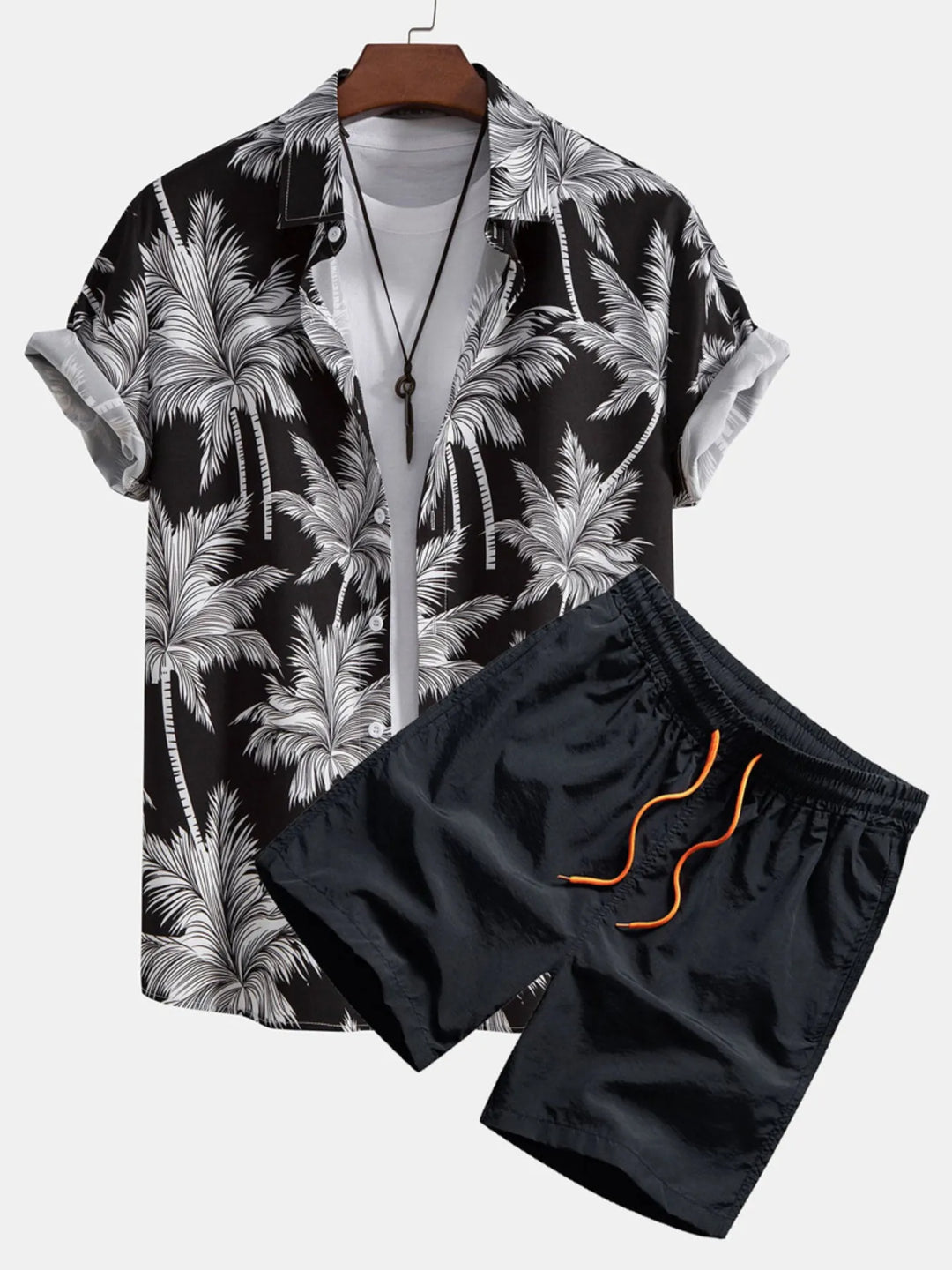 Men's Full Size Palm Tree Print Short Sleeve Shirt and Shorts Set Plus Size