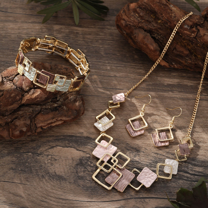 Color Painting Oil Geometric Square Ear Studs Bracelet And Necklace Set