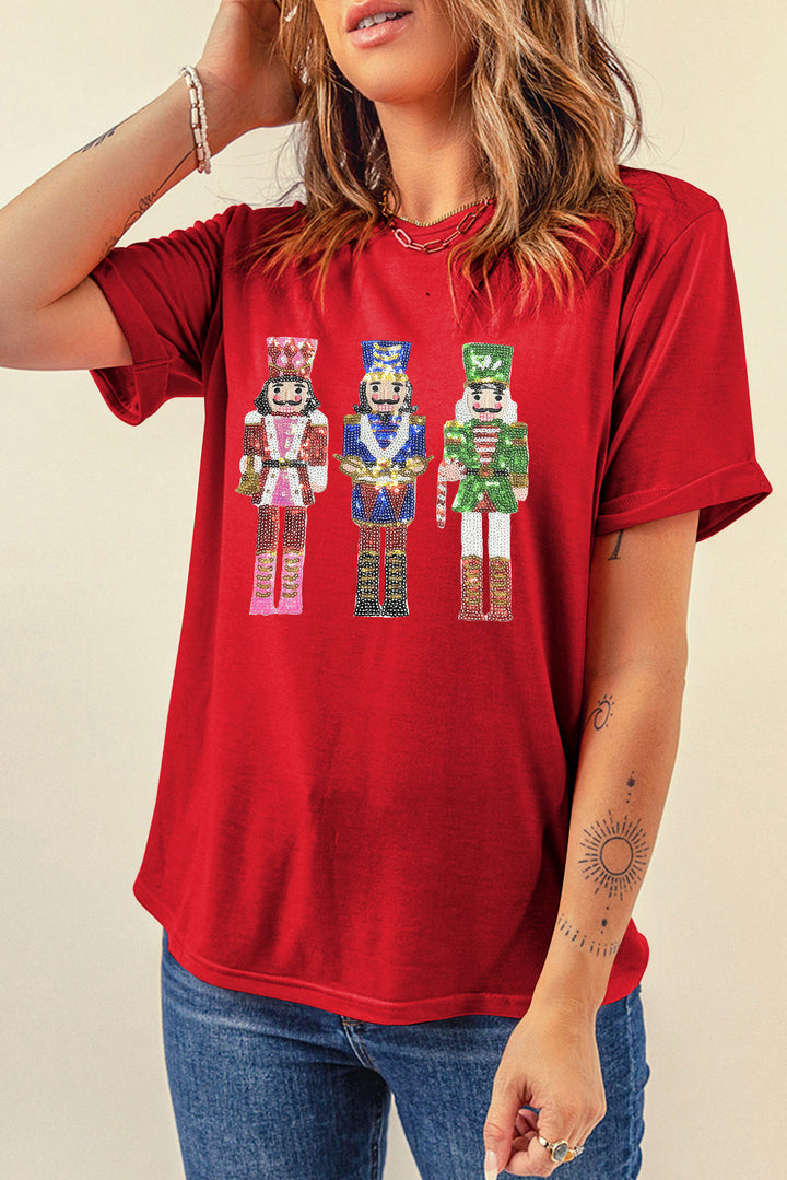 Red Sequined Christmas Nutcracker-man Graphic Cuffed Short Sleeve T Shirt