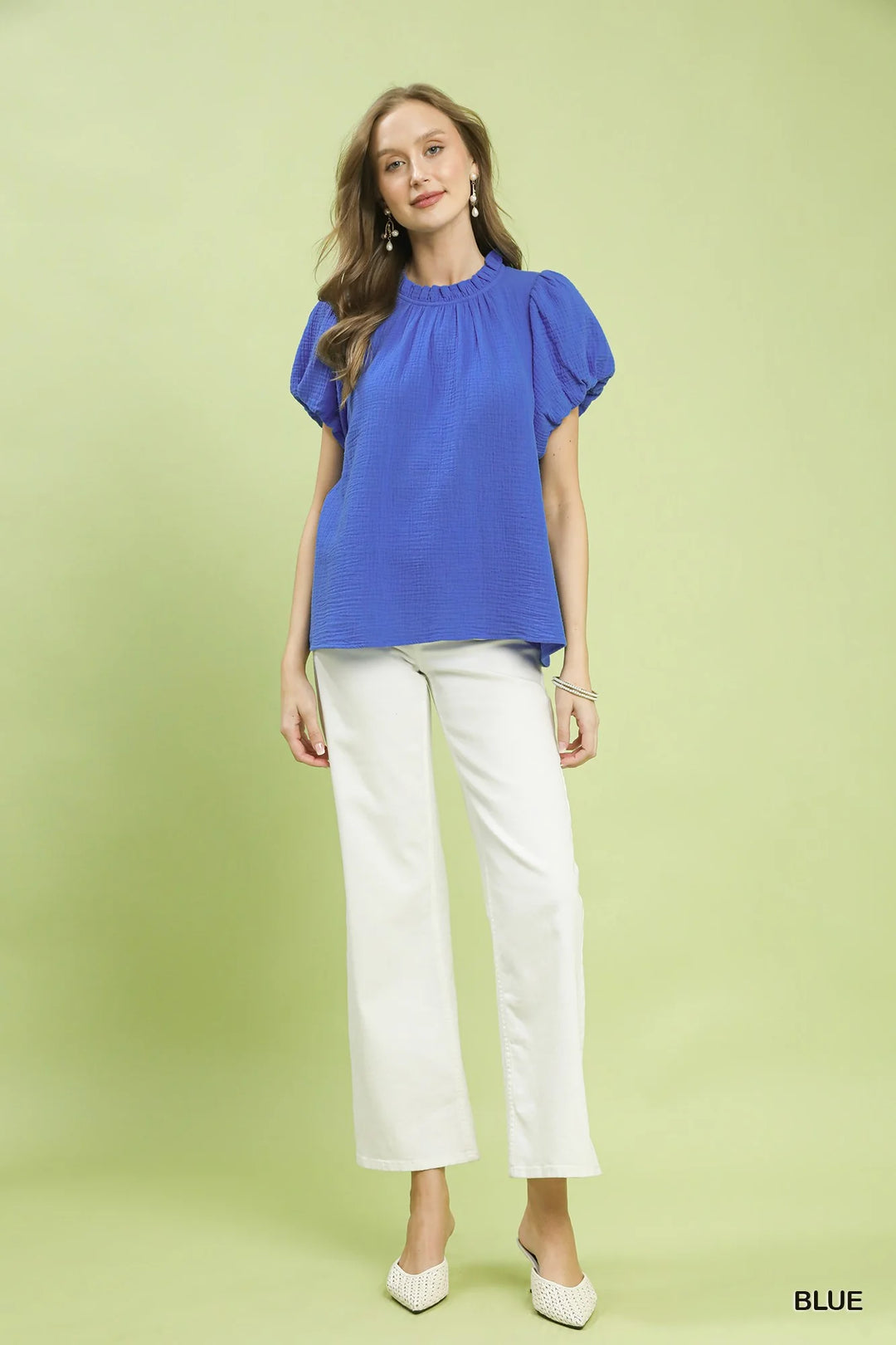 Umgee Textured Gauze Ruffle Neck Boho Top