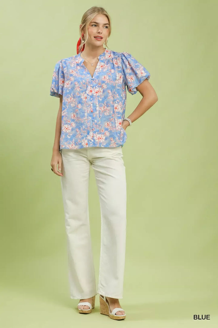 Umgee Floral Button-Front Short Sleeve Shirt