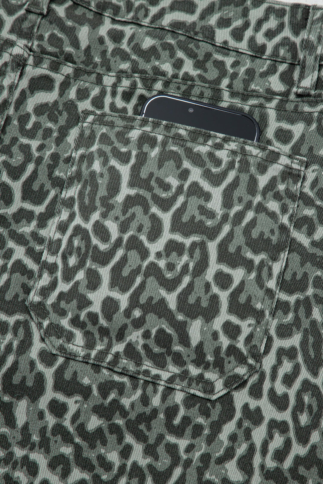 Gray Leopard Frayed Edge Wide Leg High Waist Jeans