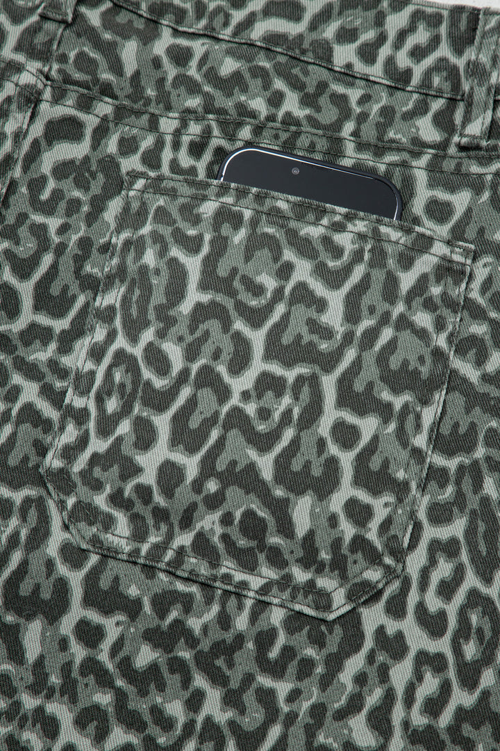 Gray Leopard Frayed Edge Wide Leg High Waist Jeans