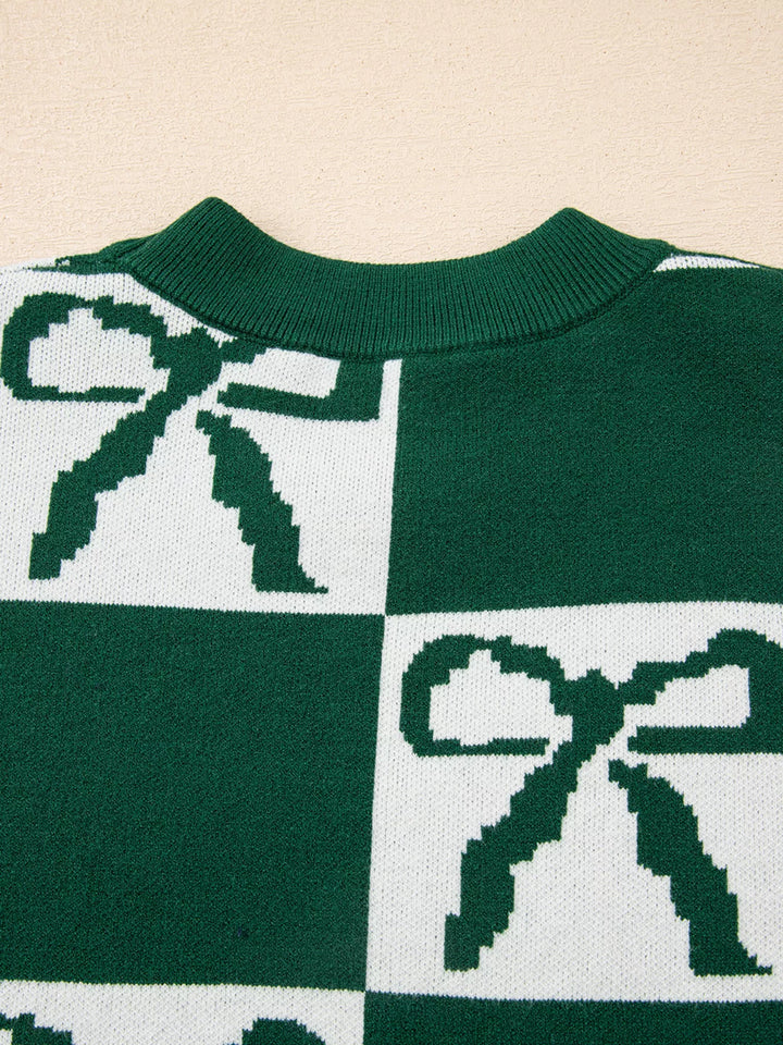 Checkered Bow Round Neck Casual Sweater