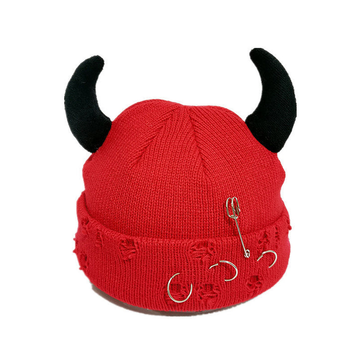 Knitted Wool Hat With Hole-decorated Gourd-shaped Devil-ear Pins