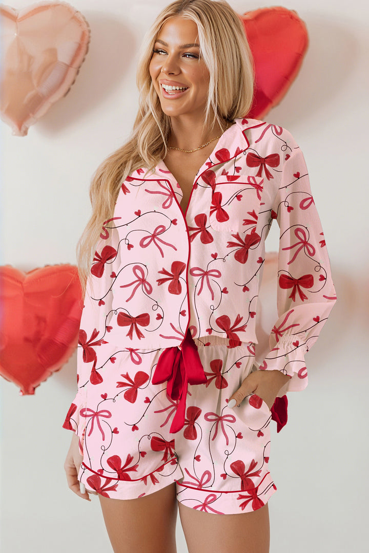 Red Bow Print Valentine Long Sleeve Shirt Shorts 2 Pcs Pajama Set