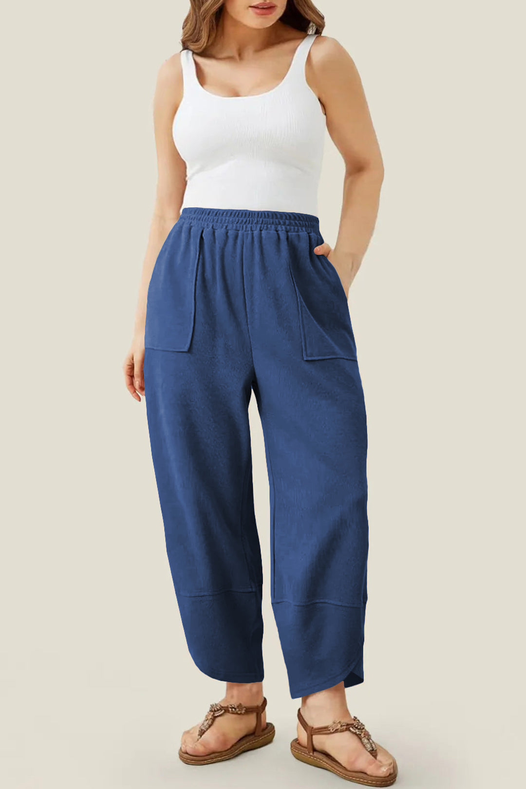 Sail Blue Plus Size Elastic Waist Asymmetrical Hem Loose Capris Pants