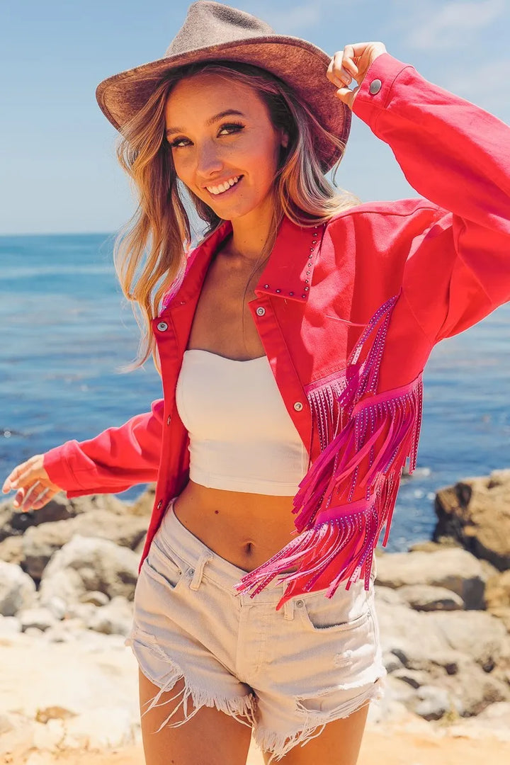 BiBi Rhinestone Fringe with Studed Collar Jacket
