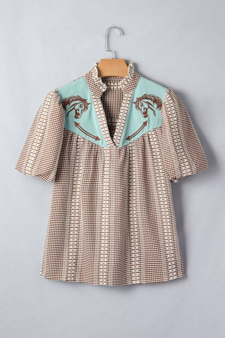 Western Pony Embroidered Yoke Puff Sleeve Gingham Blouse