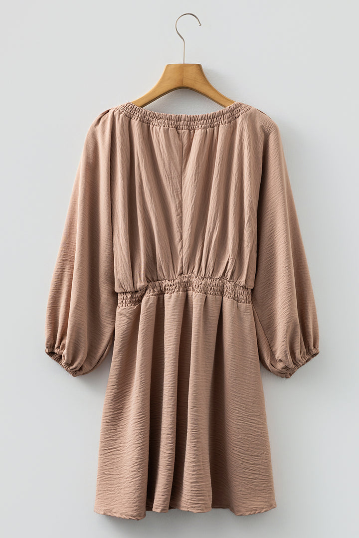 Smoke Gray Deep V Neck Bubble Sleeve Smocked Mini Dress