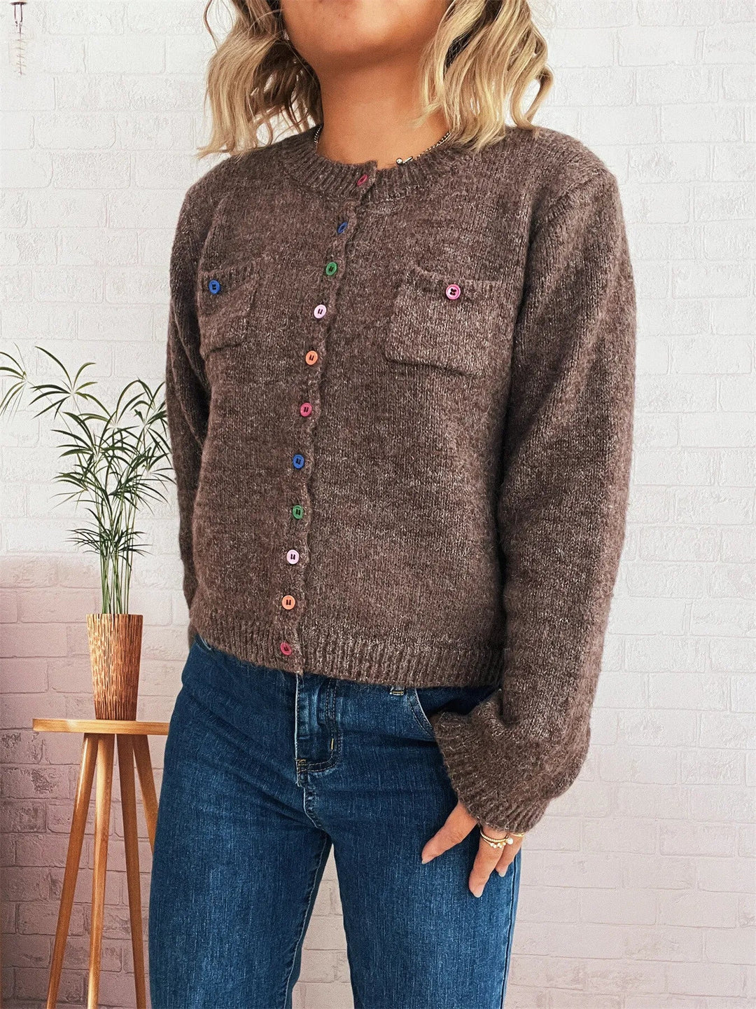 Button-Up Ribbed Hem Cardigan with Chest Pocket