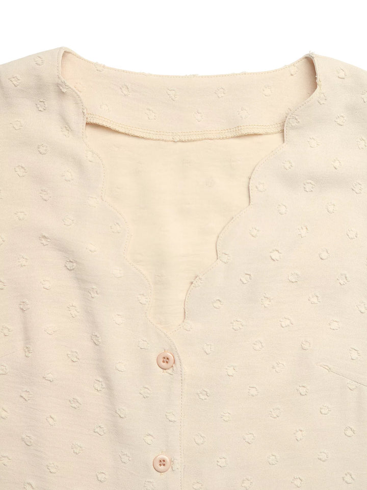 Swiss Dot Ruffled Button-Down Shirt