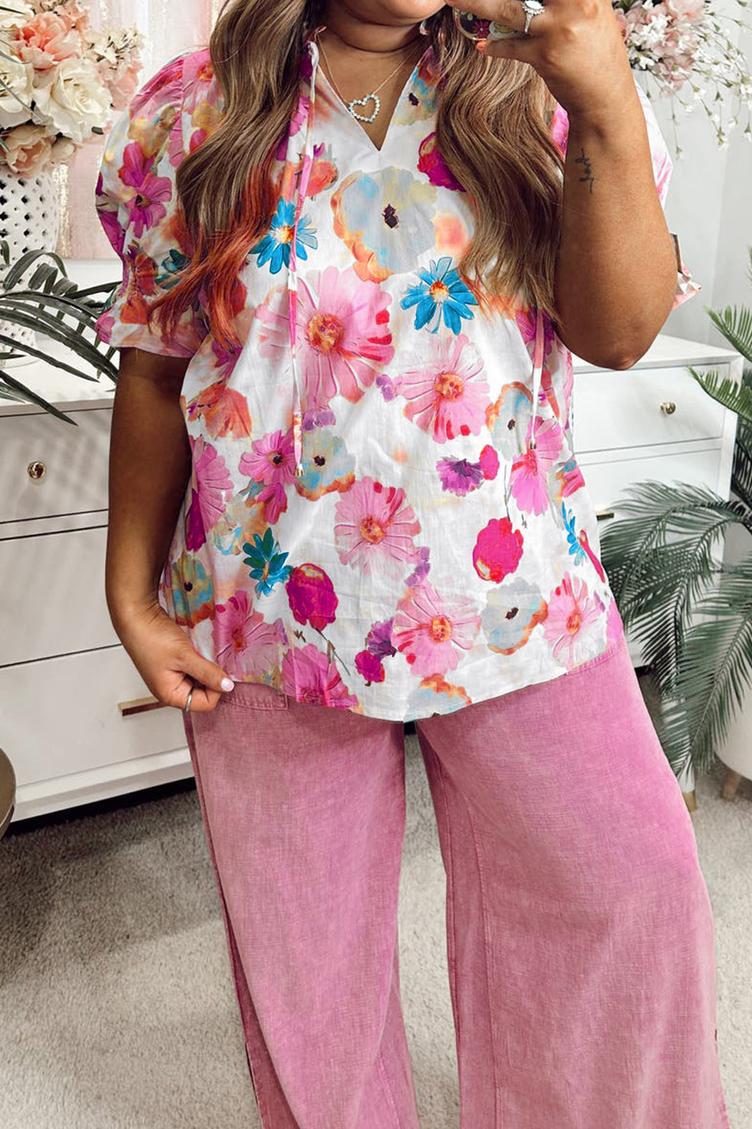 Pink Plus Size Floral Print Ruched Short Sleeve Blouse