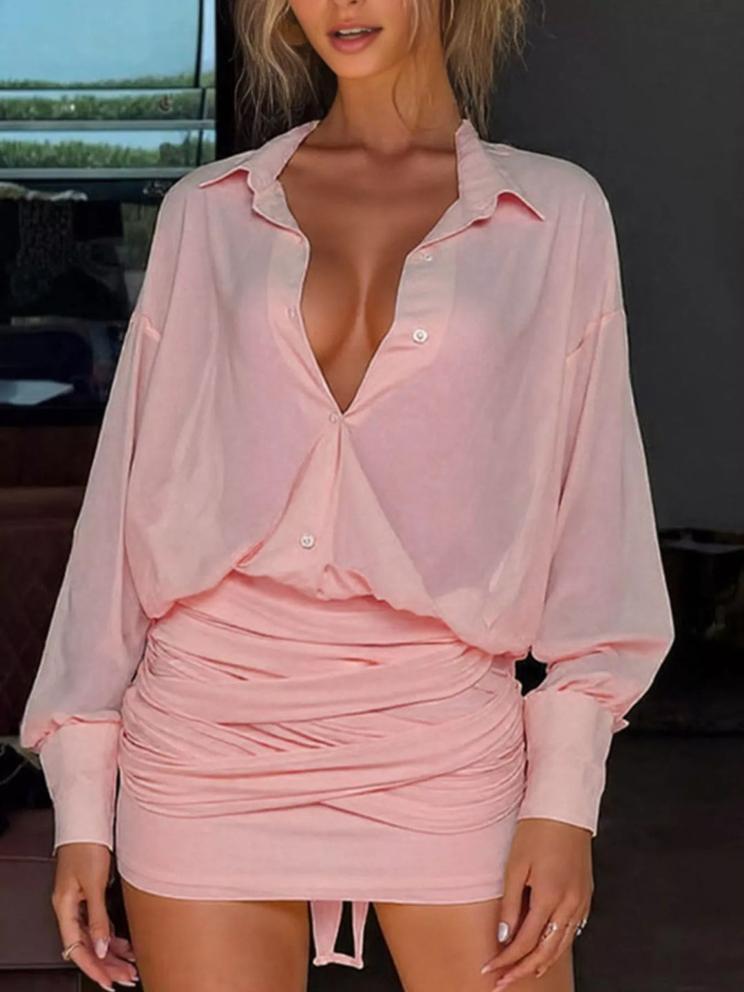 Sheer Button-Down Mini Shirt Dress with Back Tie