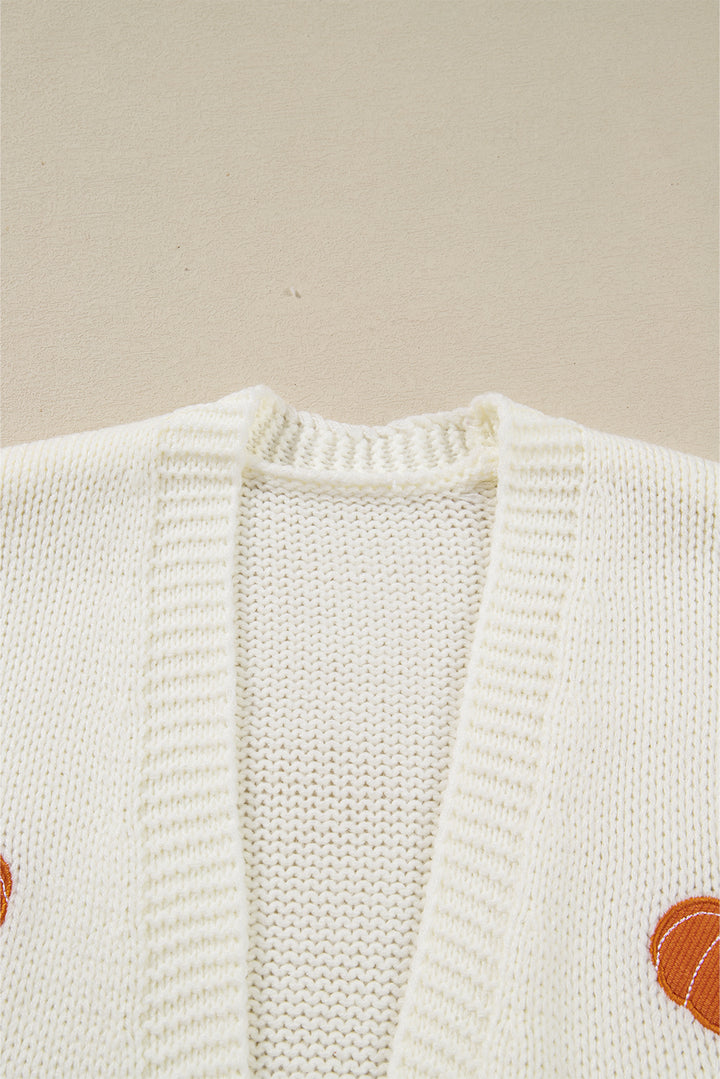 White Pumpkin Print Open Front Drop Shoulder Midi Cardigan