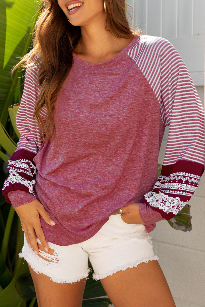 Mineral Red Contrast Print Striped Raglan Long Sleeve Loose Top