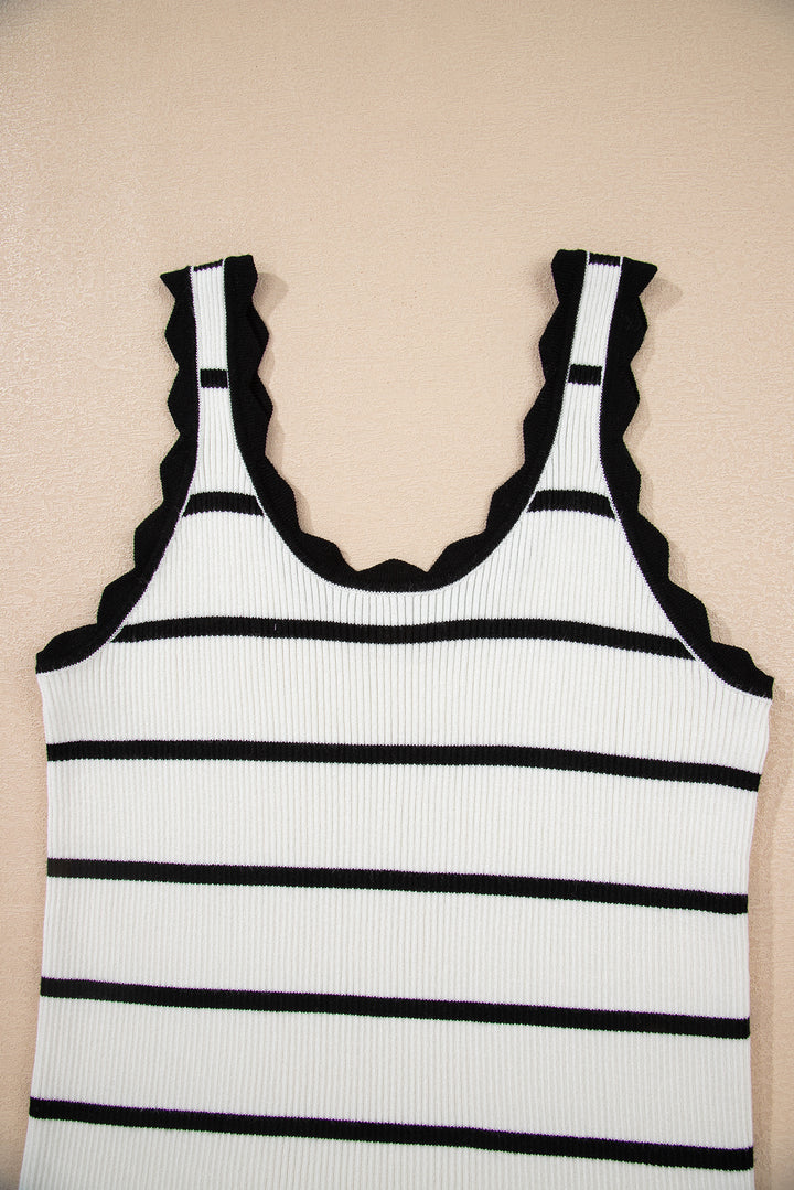 Black Striped Scalloped Edge U Neck Sleeveless Sweater Vest