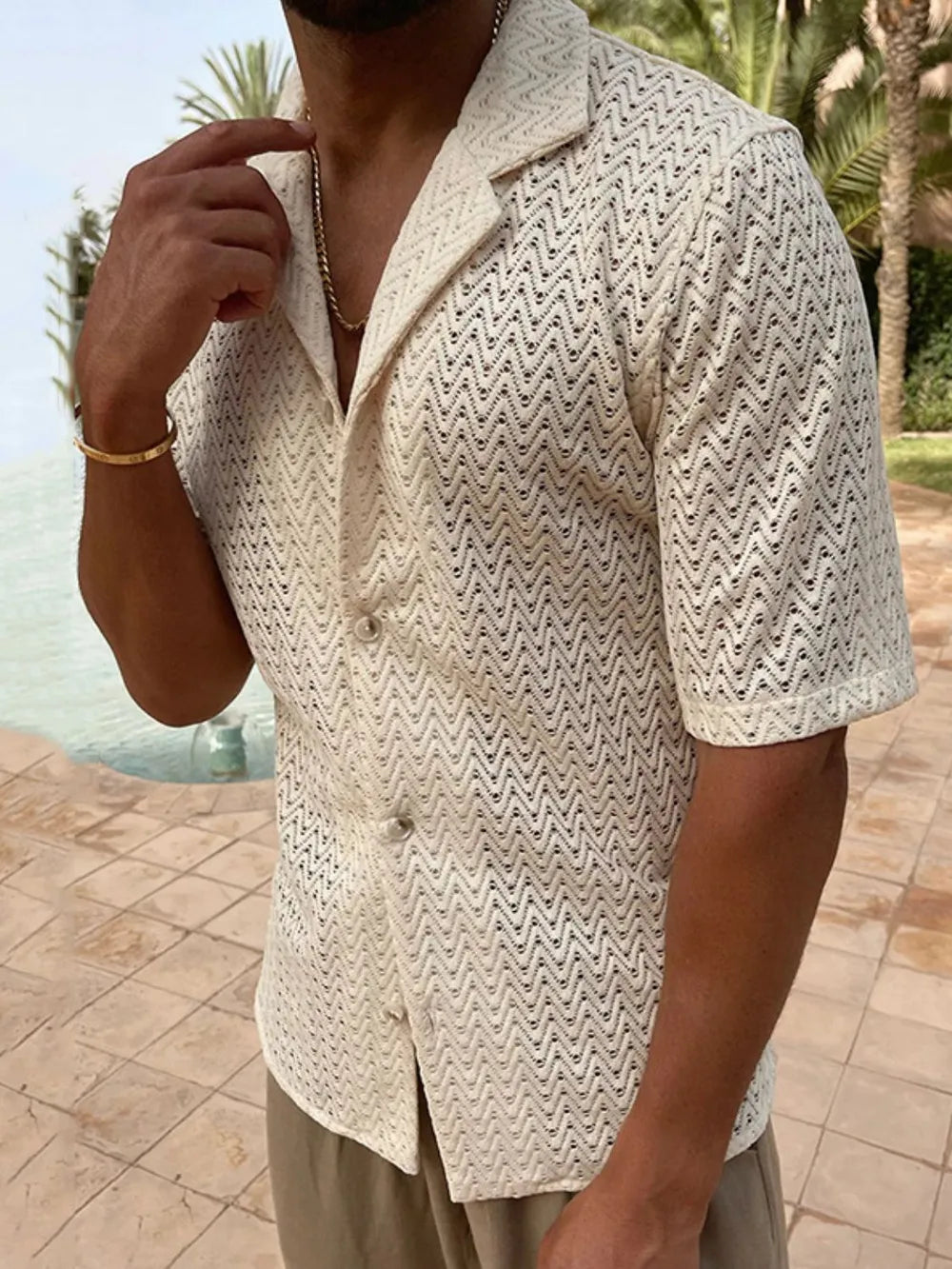 Men's Plus Size Herringbone Eyelet Button Down Knit Shirt
