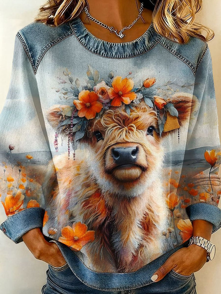 Womens Casual Floral Denim Patchwork Hoodie Top